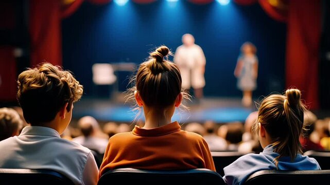 Group of cheerful children sitting in the theater watching the muppet show performance