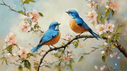 A Serene Springtime Painting: Two Bluebirds Amidst Blossoming Branches