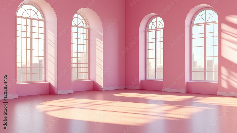Poster 3d render of a dance studio with three large windows in soft pastel colors, sunlight shining through