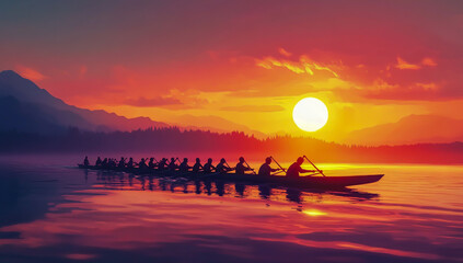 A rowing team is gliding across a calm lake at sunset, the athletes seated in perfect alignment, gripping the oars to propel the boat through the shimmering water.