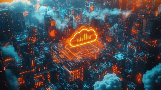 A digital illustration featuring a neon-lit cityscape with glowing lines forming a grid pattern.