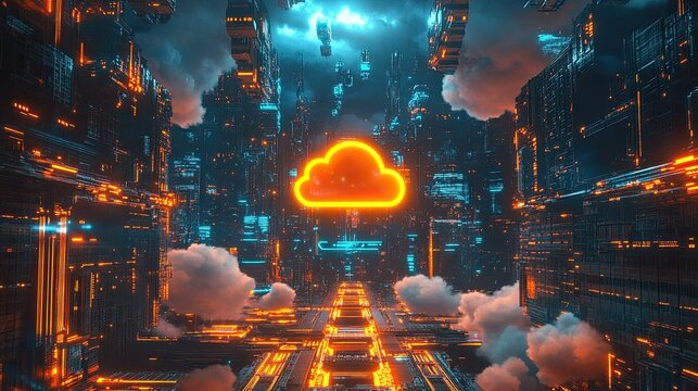 A digital illustration featuring a neon-lit cityscape with glowing lines forming a grid pattern.