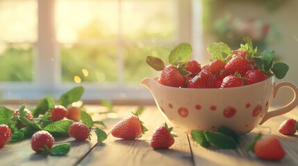 Fresh strawberries in a bowl on wooden table.