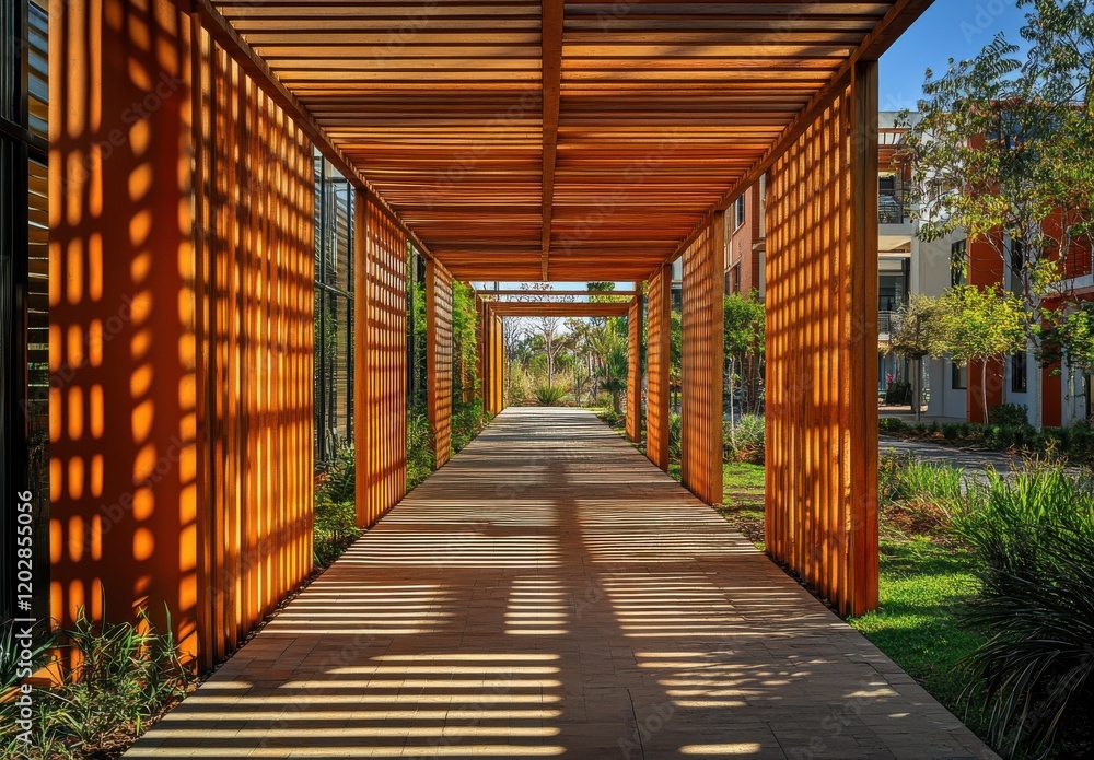 Poster a modern architectural pathway featuring striking light and shadow patterns through wooden slats in 