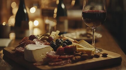 Romantic wine and cheese pairing on wooden board.