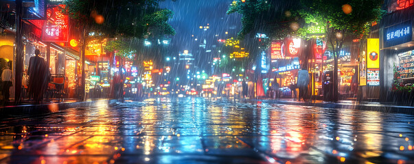 Rainy Night City Street Scene