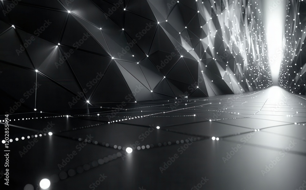 Poster abstract 3d rendering of a futuristic technology background with geometric patterns and bright glowi
