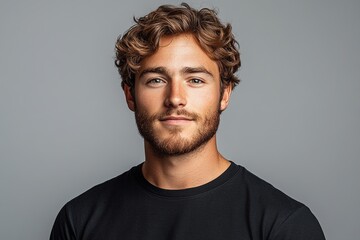 Obraz premium A young man with curly hair and a beard poses confidently against a neutral background.