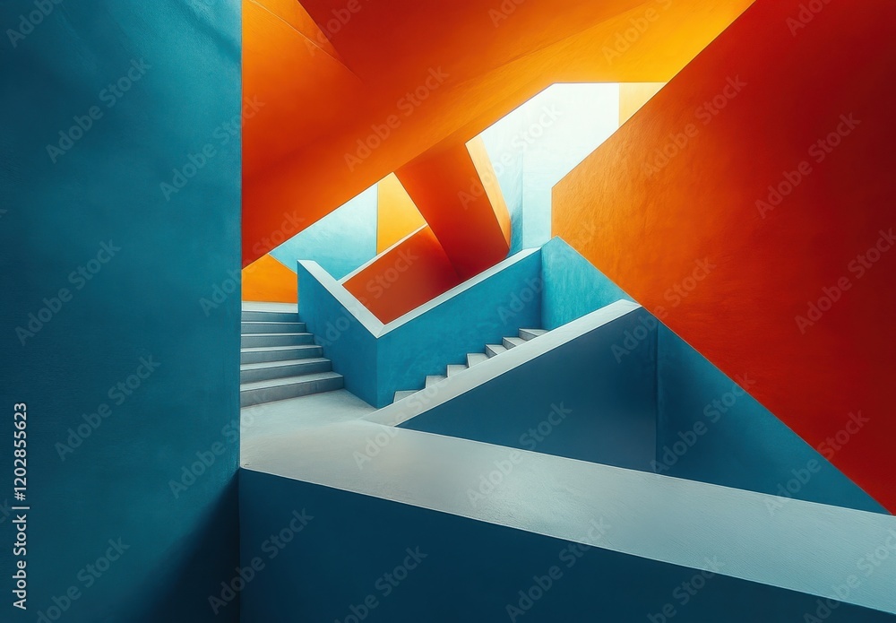 Poster abstract architectural composition featuring dynamic geometric shapes and vibrant colors in a modern