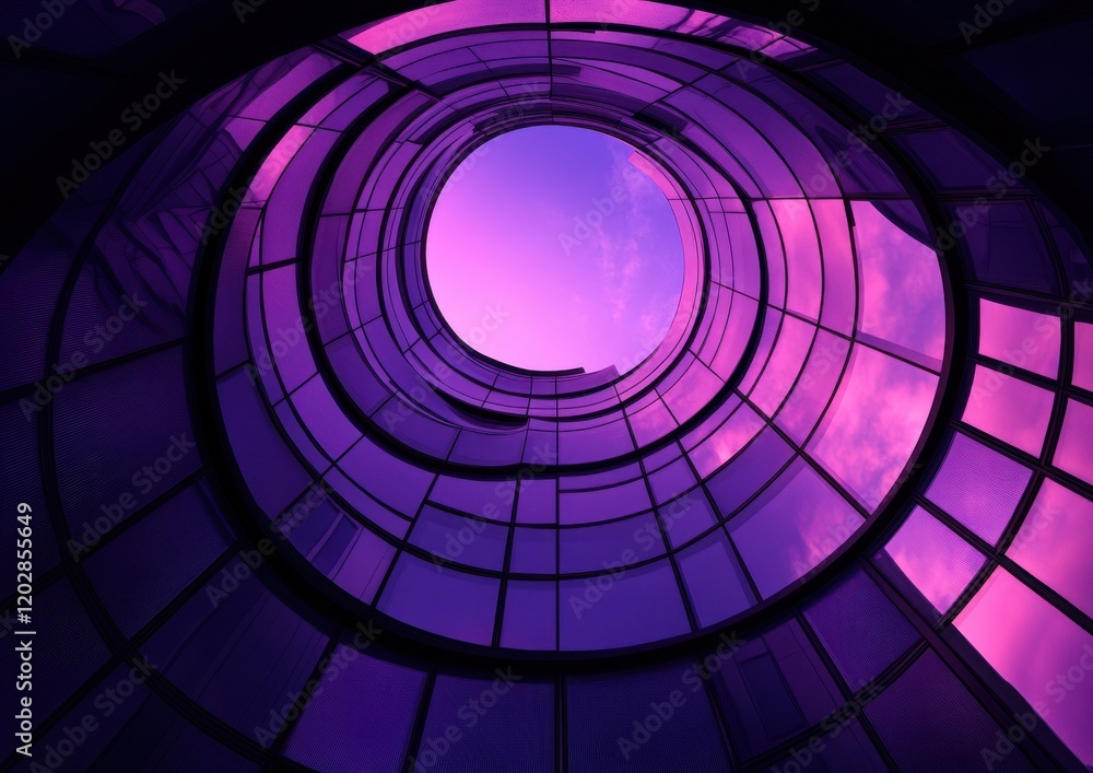 Poster abstract architectural design featuring a circular glass structure with a purple sky reflected, crea