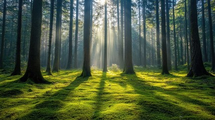 Obraz premium Sunbeams illuminating mossy forest floor.