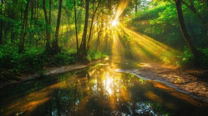 Obraz premium Sunbeams illuminating a tranquil forest stream.