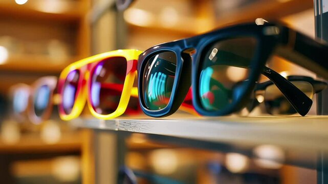 Assortment of eyeglasses at the showcase in modern optic shop. Variety of glasses at the shelves of eyeglass store