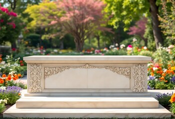 Elegant Ornate Garden Bench in Blooming Spring Garden