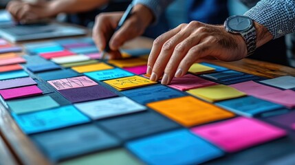 A person writing on colorful sticky notes during a brainstorming session.