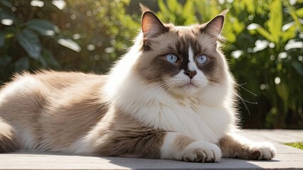Obraz premium Chocolate point ragdoll cat lying outside in the garden