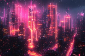 Fototapeta premium Futuristic city skyline illuminated by neon lights at night with glowing buildings