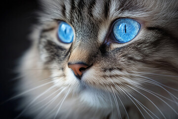 A close-up portrait of a fluffy Persian cat with bright blue eyes