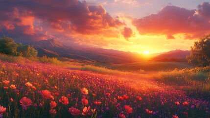 Sunset over blooming wildflowers in mountain valley