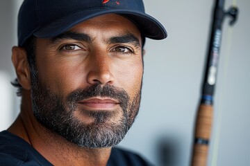 A close-up portrait of a man with a fishing rod, exuding confidence and passion for fishing.