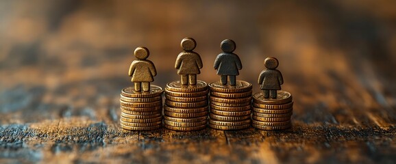 Gender pay gap women on coin stacks.  Financial inequality concept