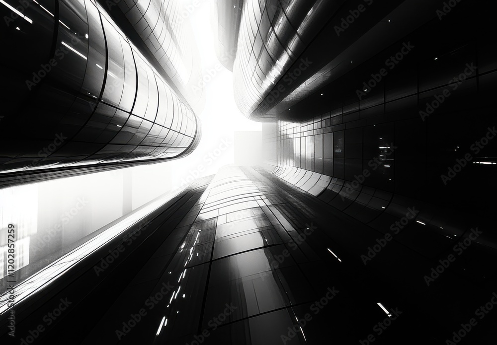 Poster abstract architectural view of modern skyscrapers reaching towards a bright light, emphasizing sleek