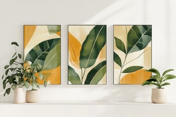 A botanical triptych with abstract tropical elements in green, beige, and yellow, designed for boho-inspired home decor. 