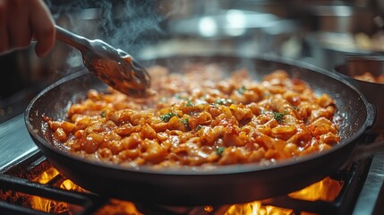Cooking delicious pasta in a bustling kitchen, steam rising, with chefs preparing various dishes