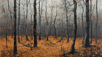 Serene autumn forest scene with tall, slender trees and a carpet of fallen orange leaves on the forest floor under a misty sky.