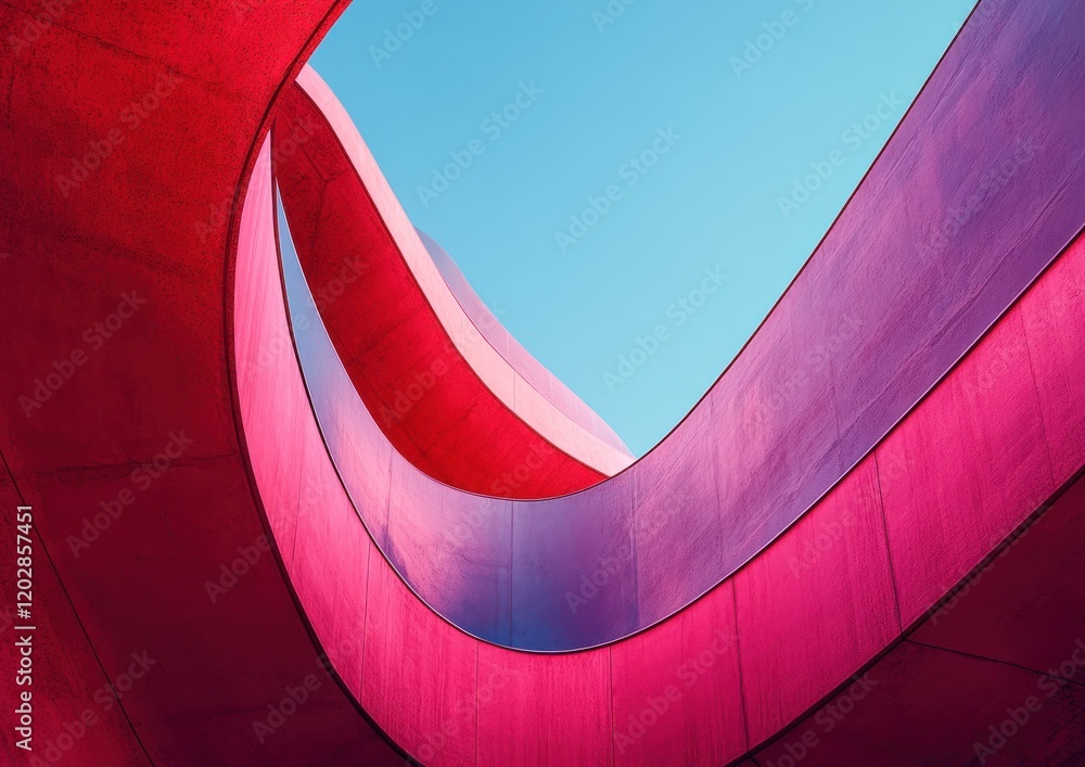 Poster abstract architecture view through vibrant curved structures in contrasting shades of pink and blue 