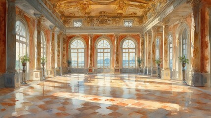 Fototapeta premium Sunlit grand hall, ornate details, marble floor, scenic view.