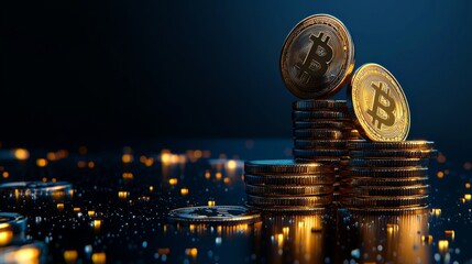 Stacked Bitcoin Coins with Glowing Lights on a Dark Surface for Cryptocurrency and Financial Concepts