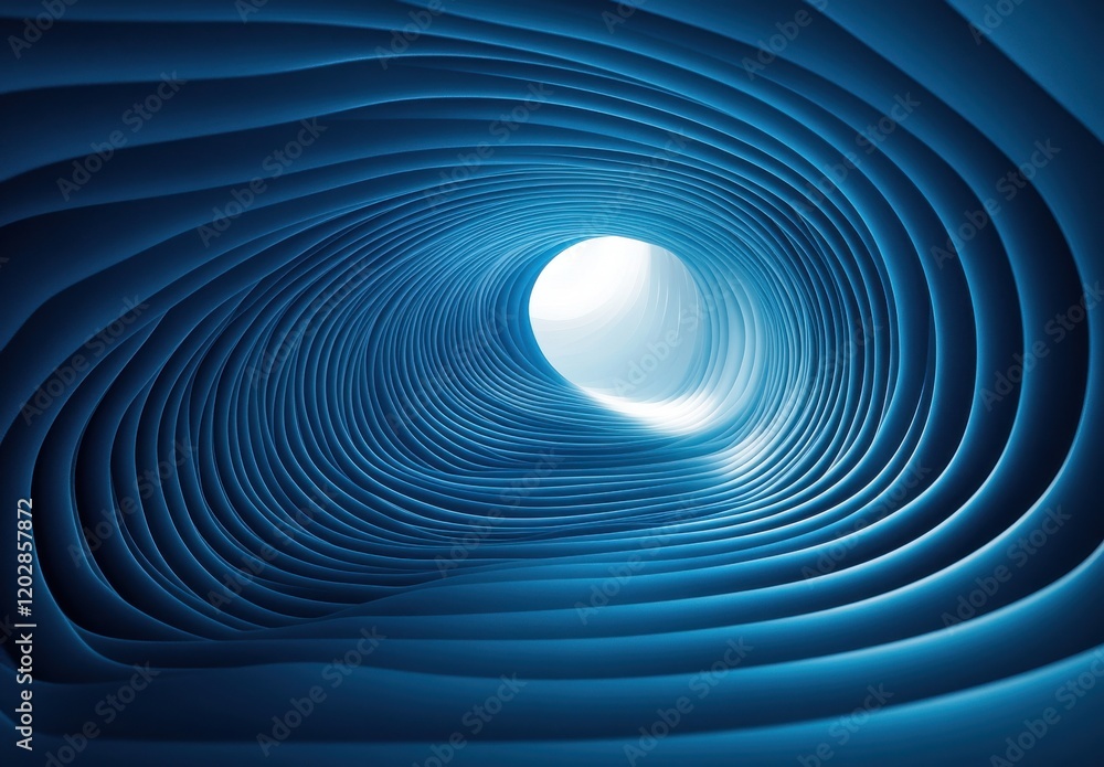 Poster abstract blue tunnel with smooth waves leading to bright light, creating a sense of depth and perspe