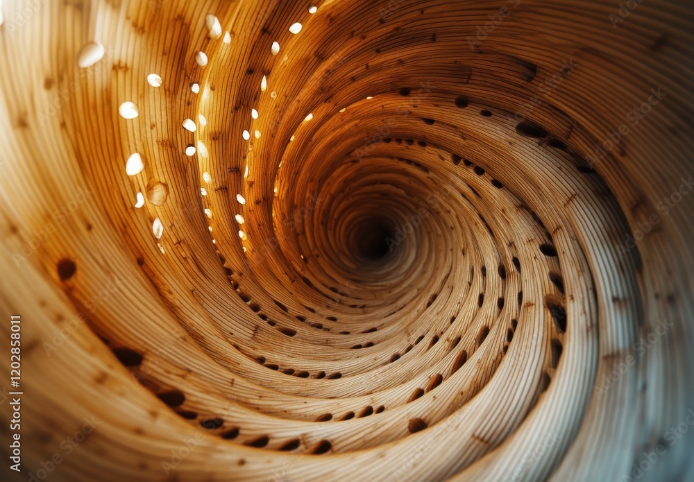 Poster abstract close-up of a spiraling wooden structure with natural texture and light spots creating a hy