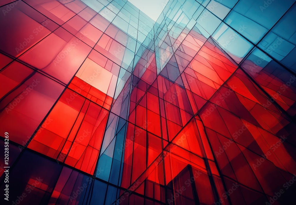 Poster abstract composition of a colorful glass building with red and blue tones reflecting light and creat