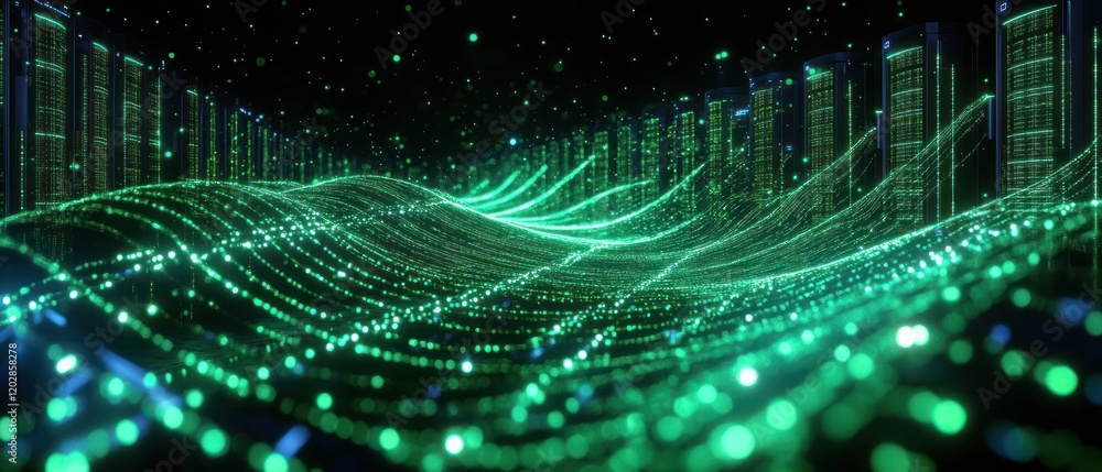 Poster abstract digital landscape with glowing green waves and data servers in background