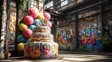 Naklejka premium Giant birthday cake with balloons in graffiti-covered abandoned factory.