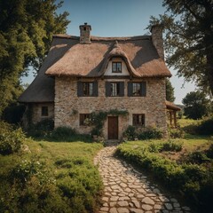 Fototapeta premium A charming countryside farmhouse with a thatched roof and stone walls.