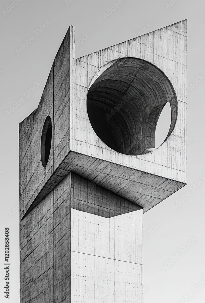 Poster abstract concrete sculpture with geometric shapes and openings against a minimalist background highl