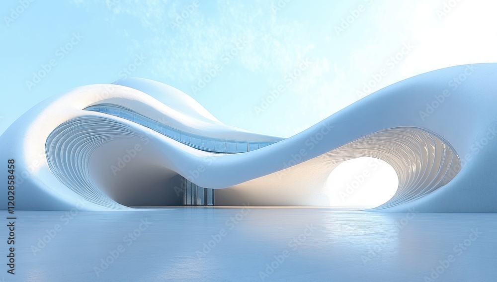 Poster abstract contemporary architecture design featuring flowing curves and smooth surfaces set against a