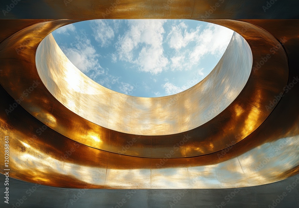 Poster abstract design featuring an overhead view of a circular aperture framed by metallic surfaces reflec