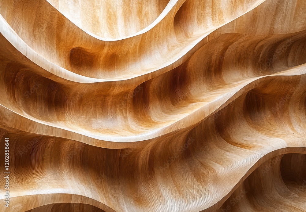 Poster abstract design of curved wooden surfaces with smooth undulating patterns highlighting natural textu
