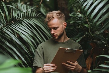 A man examines a clipboard in a lush, green environment filled with tropical plants.