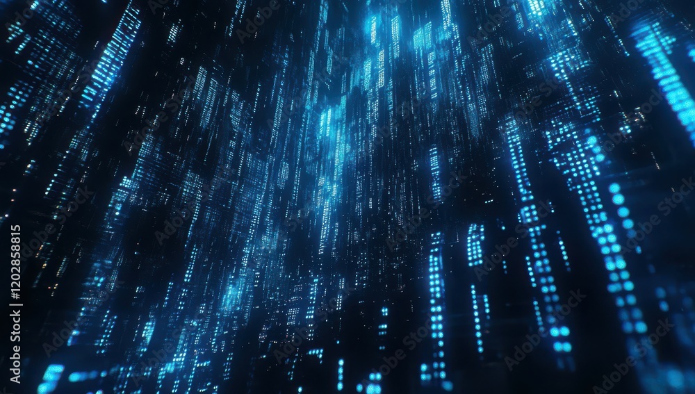 Poster abstract digital background of blue light particles streaming downward, creating a futuristic cyber 