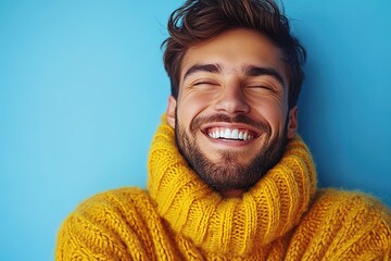 A smiling man in a cozy yellow sweater against a blue background, exuding happiness and warmth.