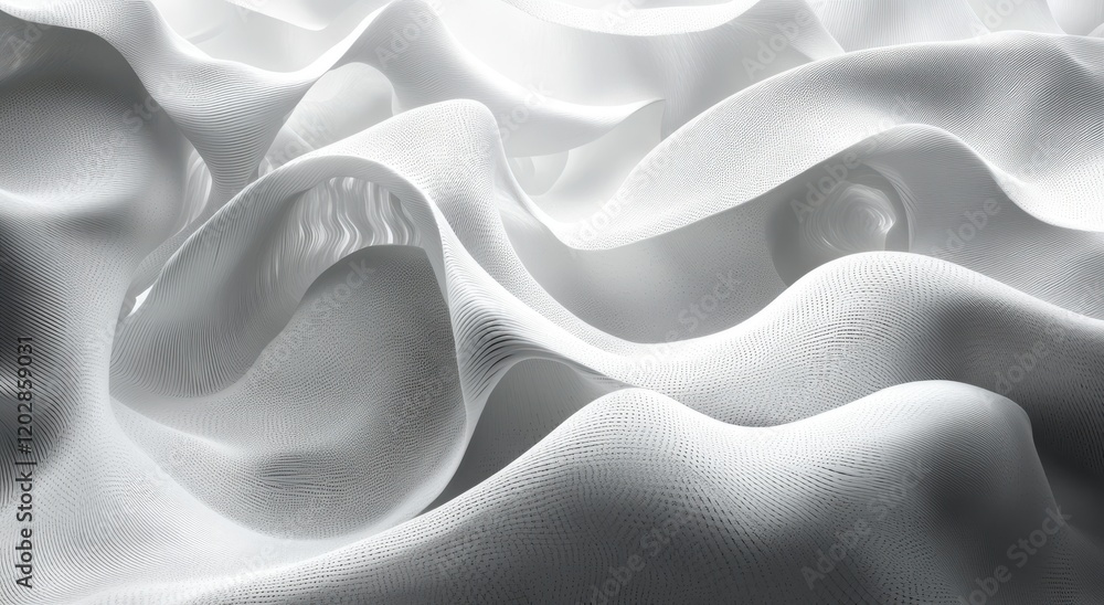 Poster abstract fluid dynamics in soft white tones showcasing elegant waves and curves with a bright and et