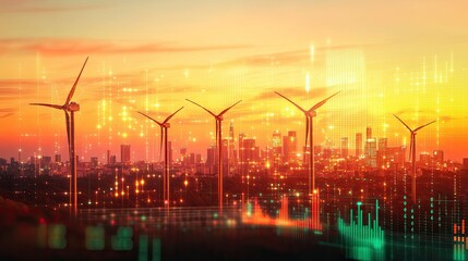 Three wind turbines set against the backdrop of a cityscape at dusk