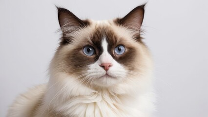 Portrait of Chocolate point ragdoll cat on grey background