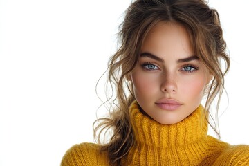 A close-up portrait of a young woman with a warm smile, wearing a cozy yellow sweater.