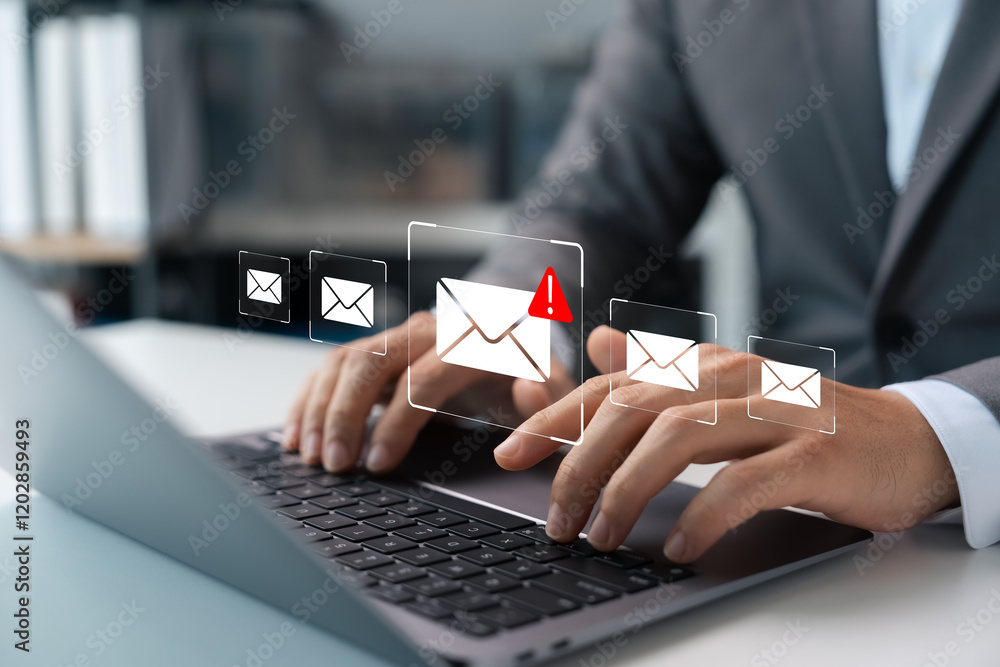 Poster email security, spam virus alert in email, businessman using smartphone to access email protected vi
